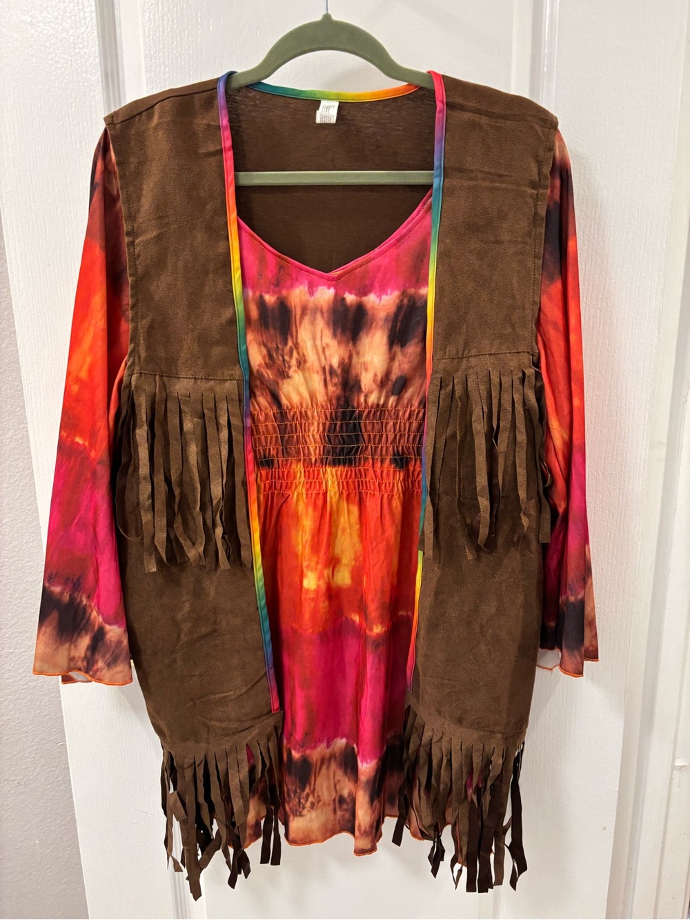 70s Style Halloween Costume Flower Child Tie Dye Fringe Vest Hippie
